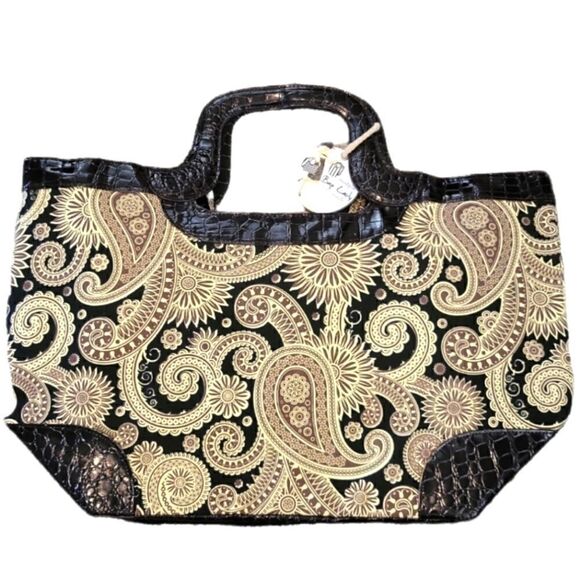 NWT MUDPIE "BAG LADY" BLACK PAISLEY CROCK HANDLE BAG. - Picture 1 of 7
